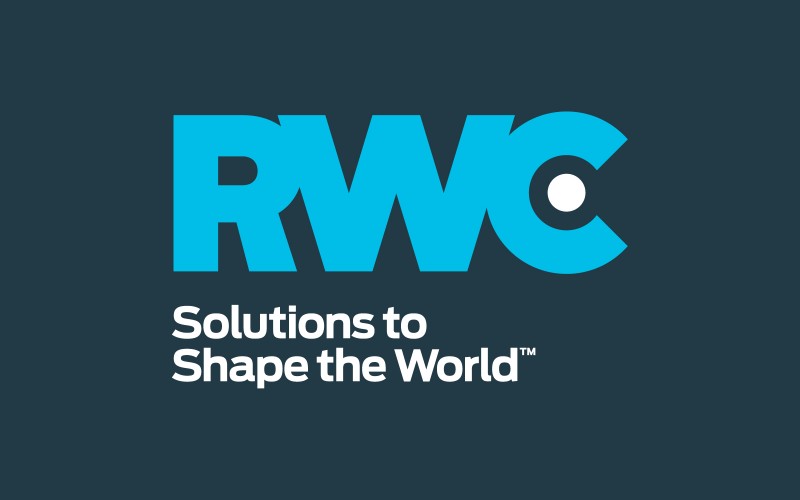 Blue RWC logo on dark blue background - Solutions to Shape the World.