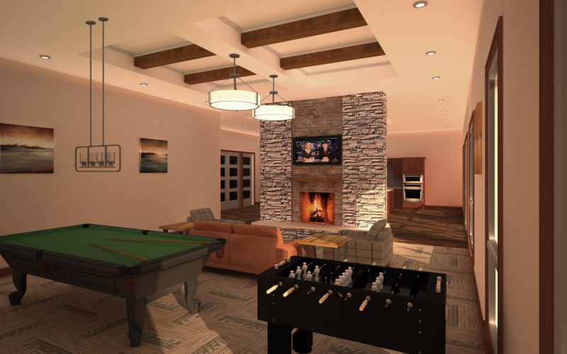 inside apartment with a fire, sofa, pool table and table football table