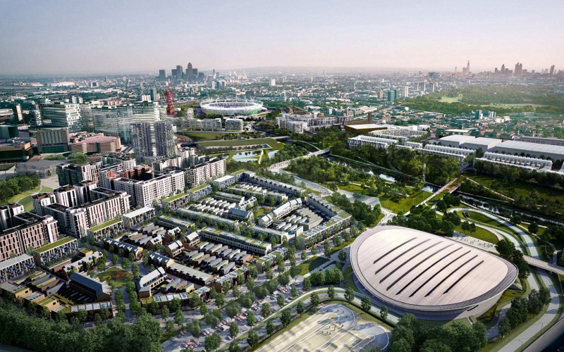 Aerial shot of The Queen Elizabeth Olympic Park development.