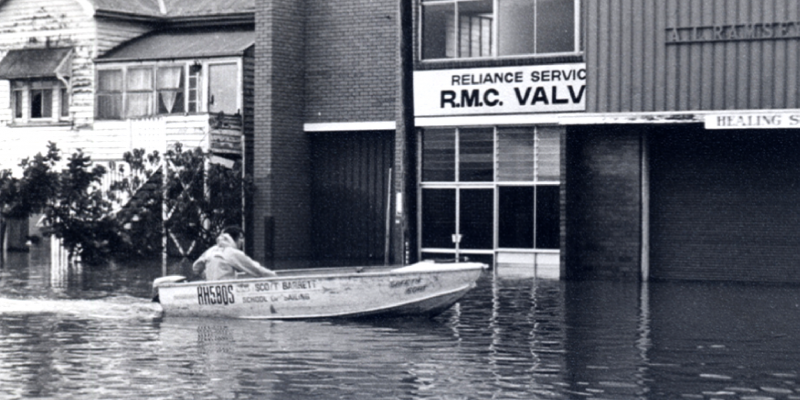 Shot of Reliance Service RMC Valves building flooded in the 1970s