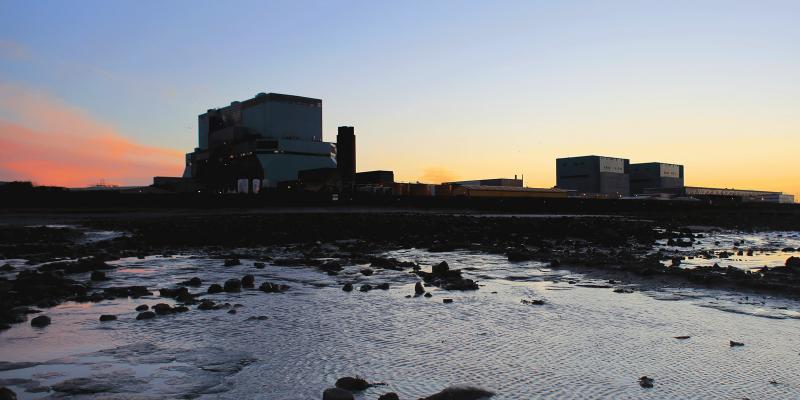 Sunset shot of EDF Energy Hinkley Point C, Somerset, UK