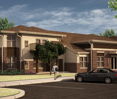 saxony village apartments graphic image with car and people